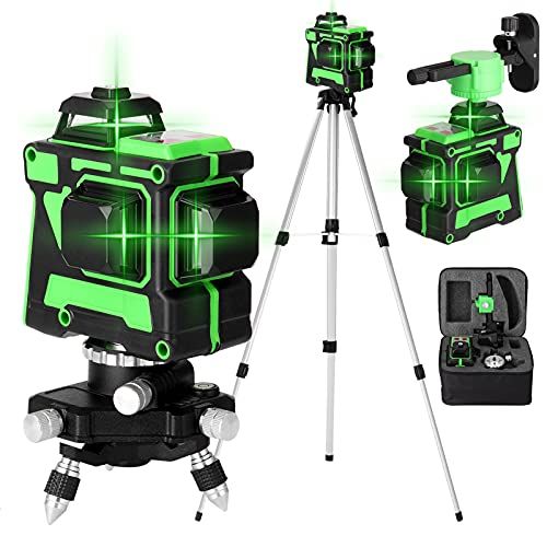 Geevorks Niveau Laser Vert en 3 x 360 3D 12 Lignes avec Fonction 3° D'auto-Nivellement Auto-équilibrage du Niveau Laser Multifonctionnel 12 Lignes Lignes Horizontales Verticales a Trépied (1 Batteries)