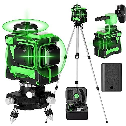 Geevorks Niveau Laser Vert 360 3D 12 Lignes Autonivelant de Niveaux, Lazer avec Fonction d'auto-nivellement, Chantier, Multifonctionnel Horizontales Verticales, 1 * Batteries