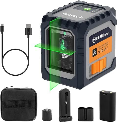 CIGMAN Niveau laser vert: Laser à ligne croisée auto-nivelante, Distance de travail de 30 m (jusqu'à 50 m avec détecteur), Batterie rechargeable intégrée, Bouton laser de contrôle